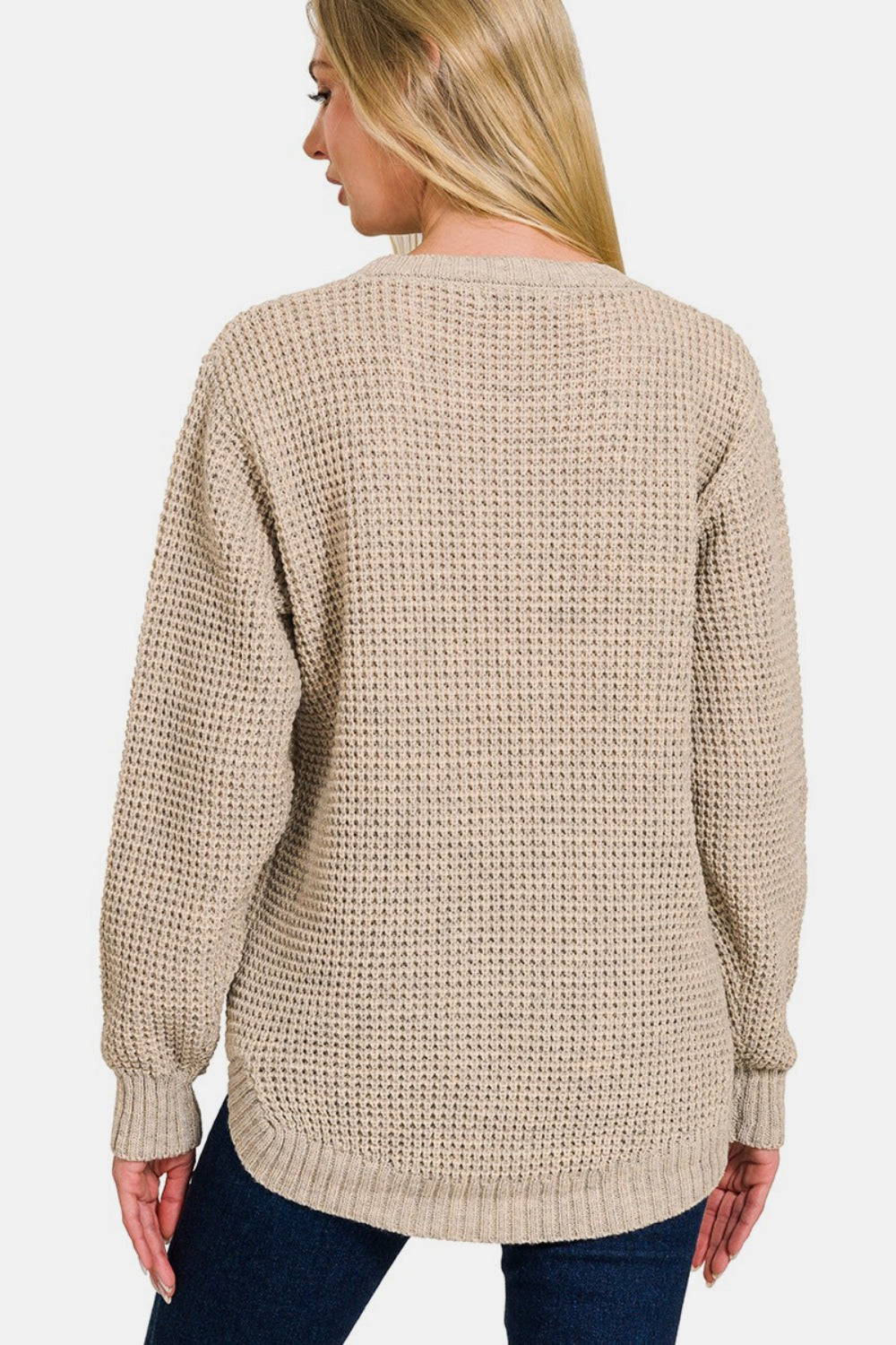 Zenana High Low Long Sleeve Waffle Sweater - Tigbul's Variety Fashion Shop