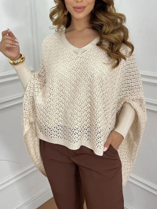 Crochet V-Neck Batwing Sleeves Oversized Sweater - Tigbul's Variety Fashion Shop