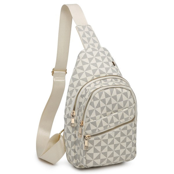Beige patterned sling backpack with front zip pocket and adjustable shoulder strap