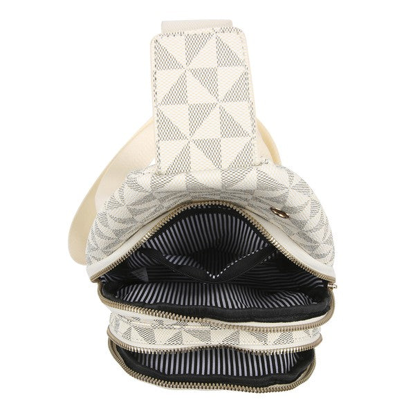 Beige patterned sling backpack open top view with striped interior lining and zippers