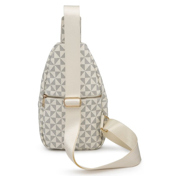 Beige patterned sling backpack front view with clasp strap and dual zipper details