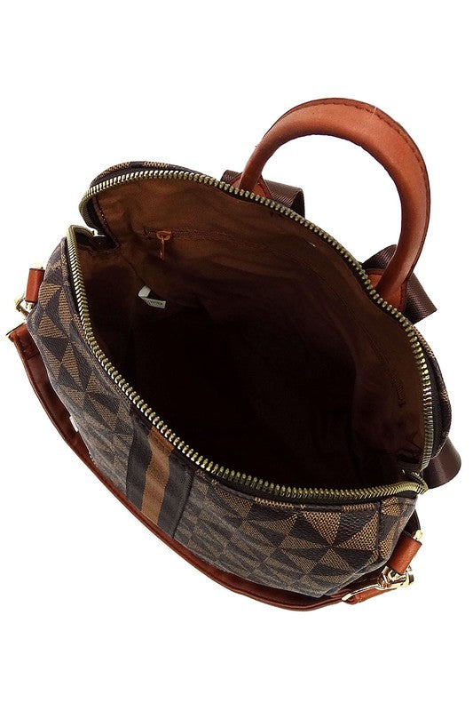 Convertible backpack zip-top opening with brown interior lining and patterned exterior