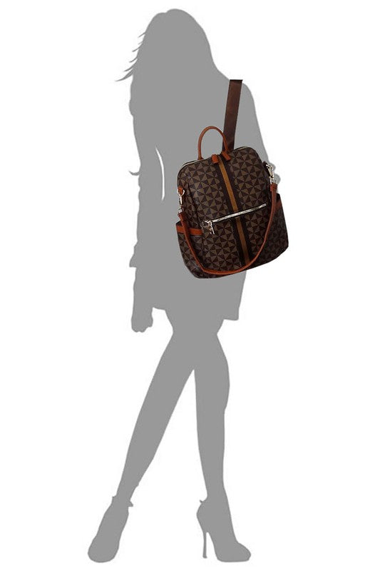 Convertible monogram striped backpack with brown shoulder straps, carried by model