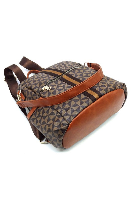 Monogram striped convertible backpack, patterned exterior with brown trim and top handle