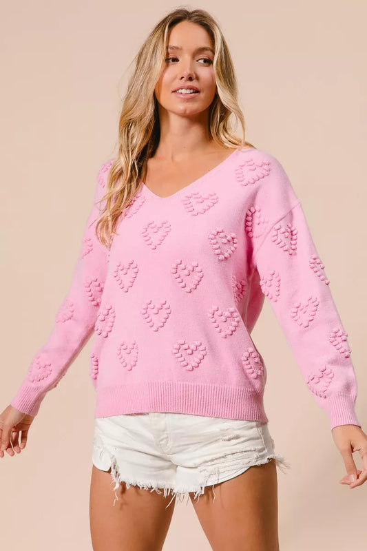 BiBi Valentines Heart Pompom V Neck Knit Top - Tigbul's Variety Fashion Shop
