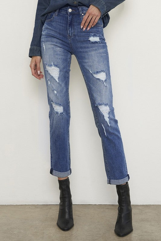 Distressed Front Girlfriend Jeans - Tigbul's Variety Fashion Shop