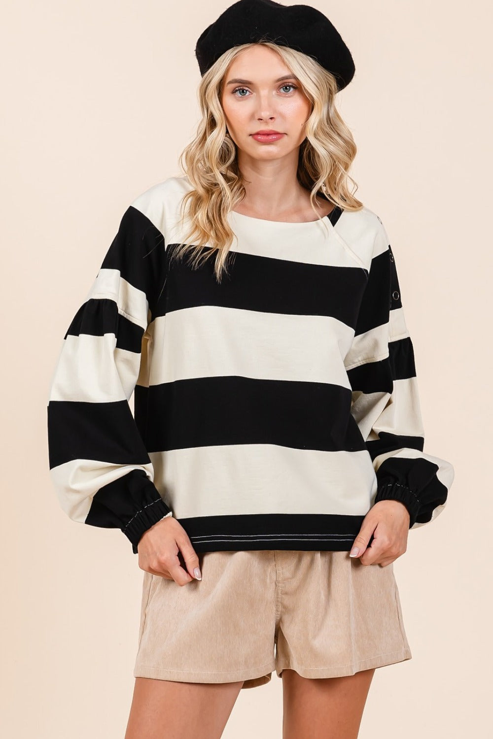 Striped Snap Shoulder Long Sleeve T-Shirt - Tigbul's Variety Fashion Shop