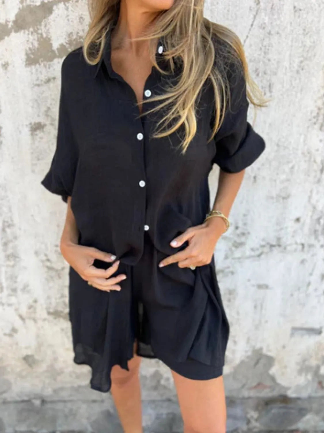 Pocketed Collared Neck Shirt and Shorts Set - Tigbul's Variety Fashion Shop