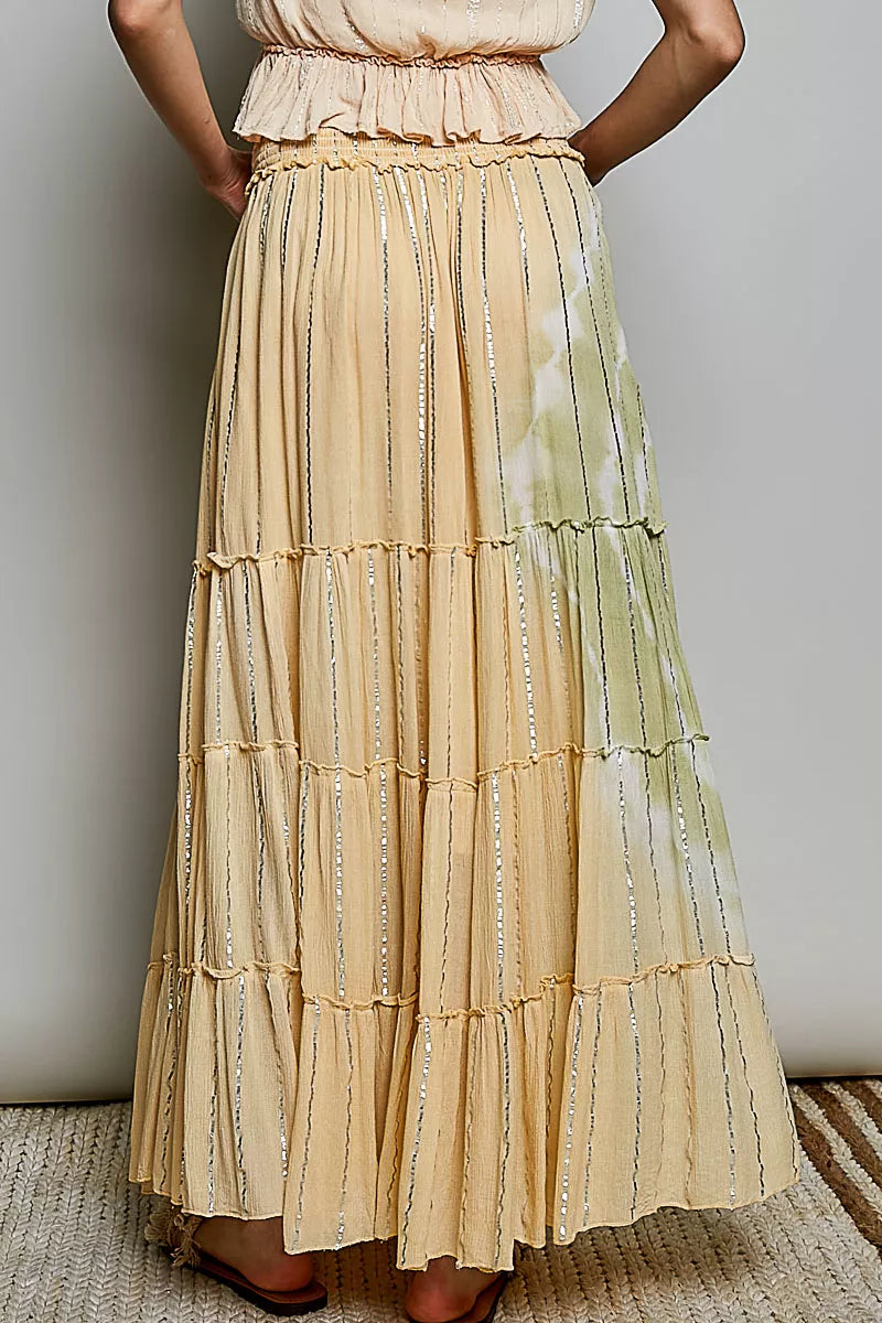 POL Shimmer Tiered Reverse Ruffle Smocked Waist Maxi Skirt | Tigbuls