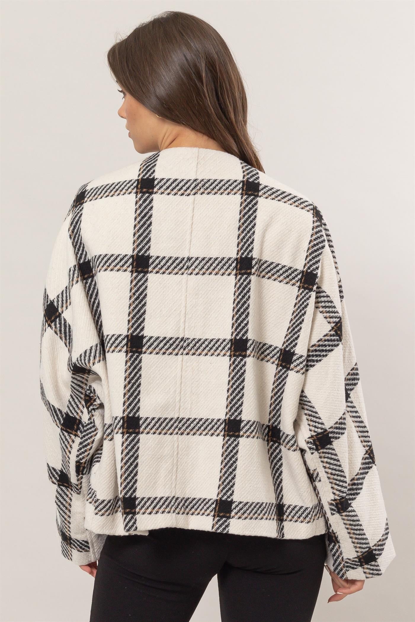 HYFVE Plaid Long Sleeve Jacket with Side Slit Pockets - Tigbul's Variety Fashion Shop