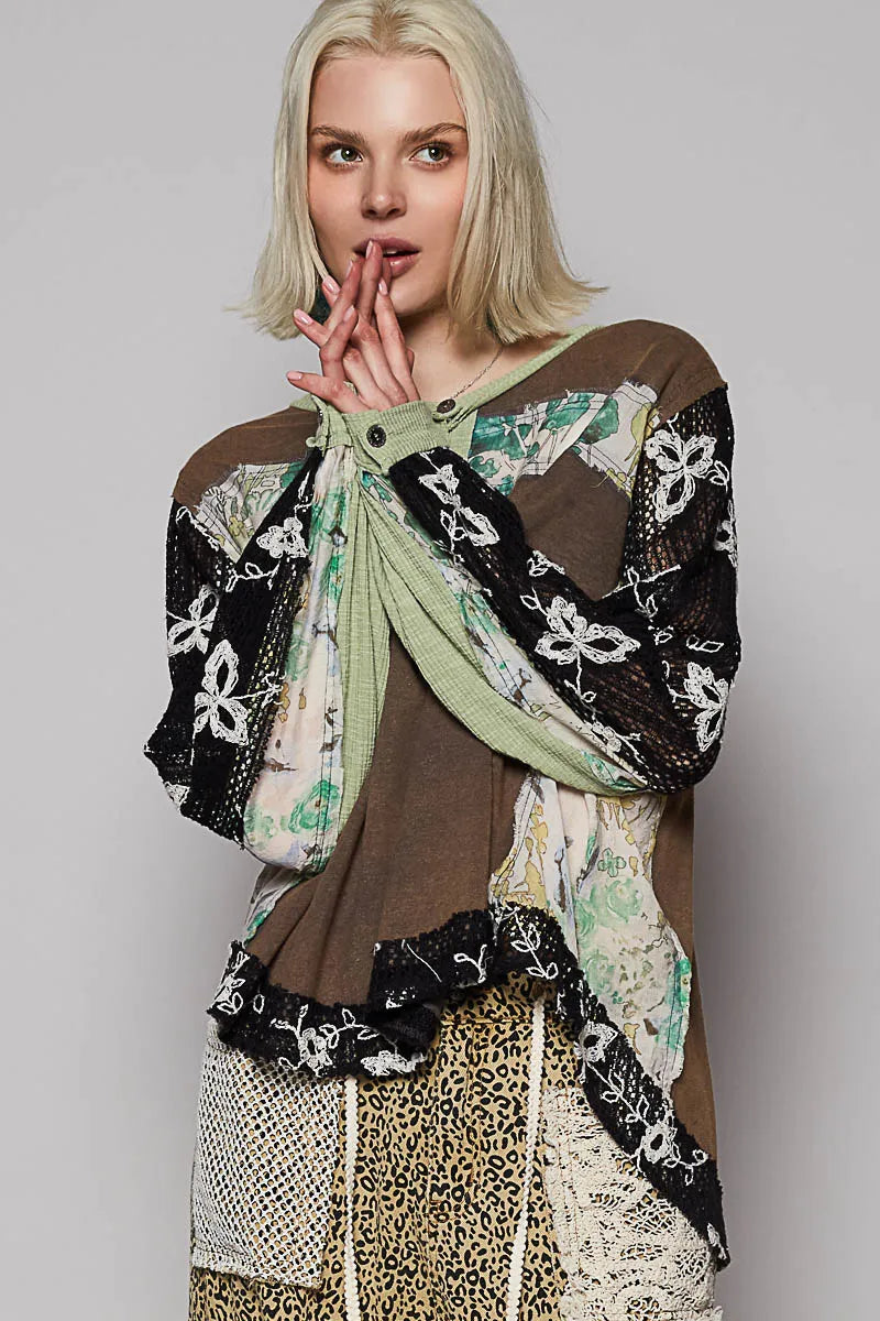 POL Button Detail Floral Patchwork Crochet Sleeve Blouse - Tigbul's Variety Fashion Shop