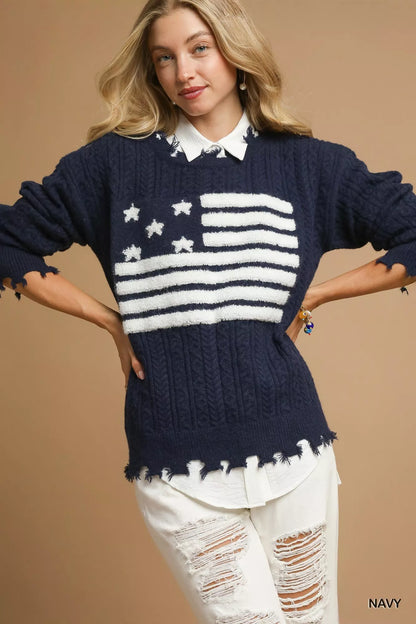 Umgee Distressed American Flag Sweater - Tigbul's Variety Fashion Shop