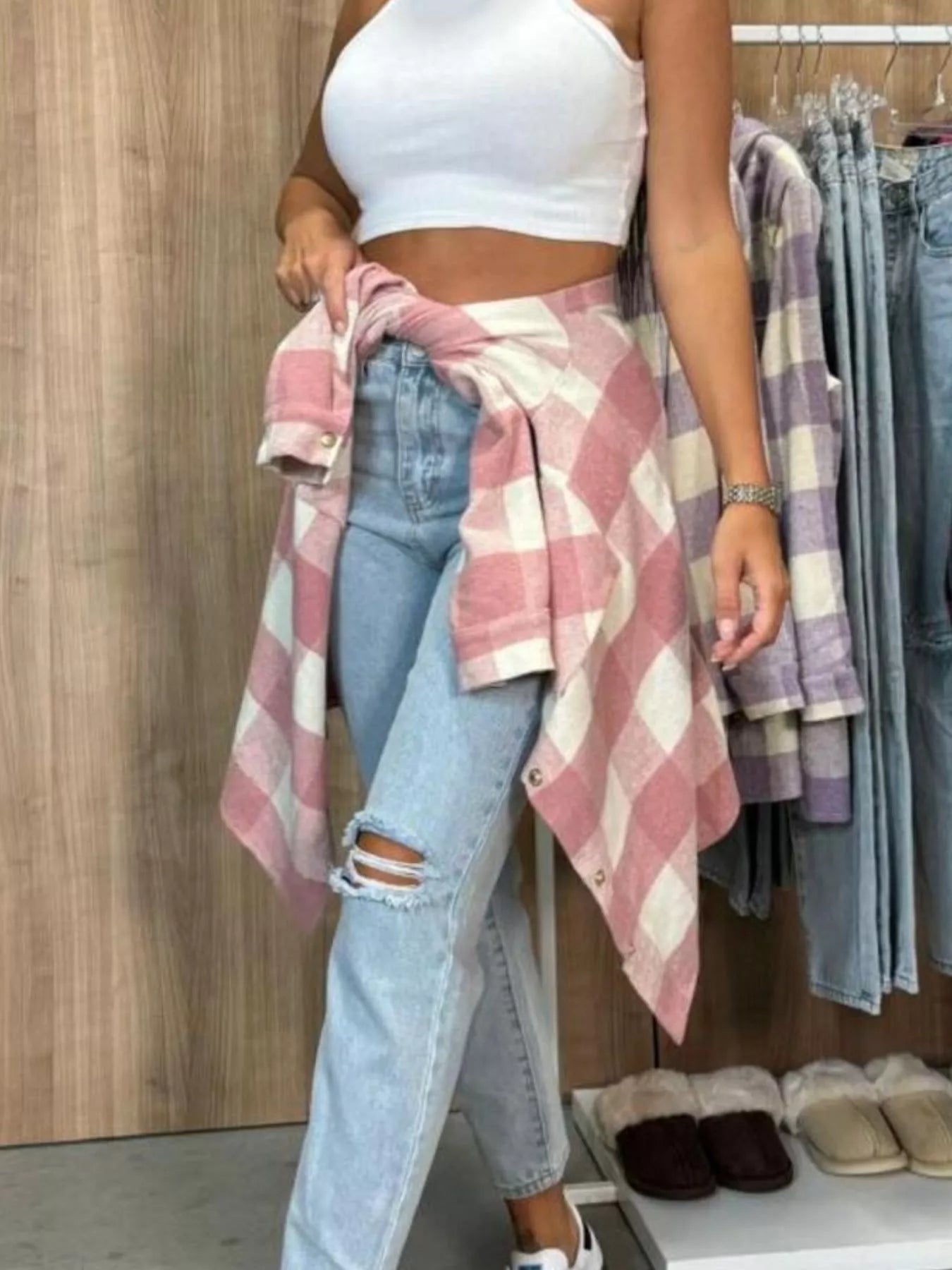 Plaid Button-Down Long Sleeve Shacket - Tigbul's Variety Fashion Shop