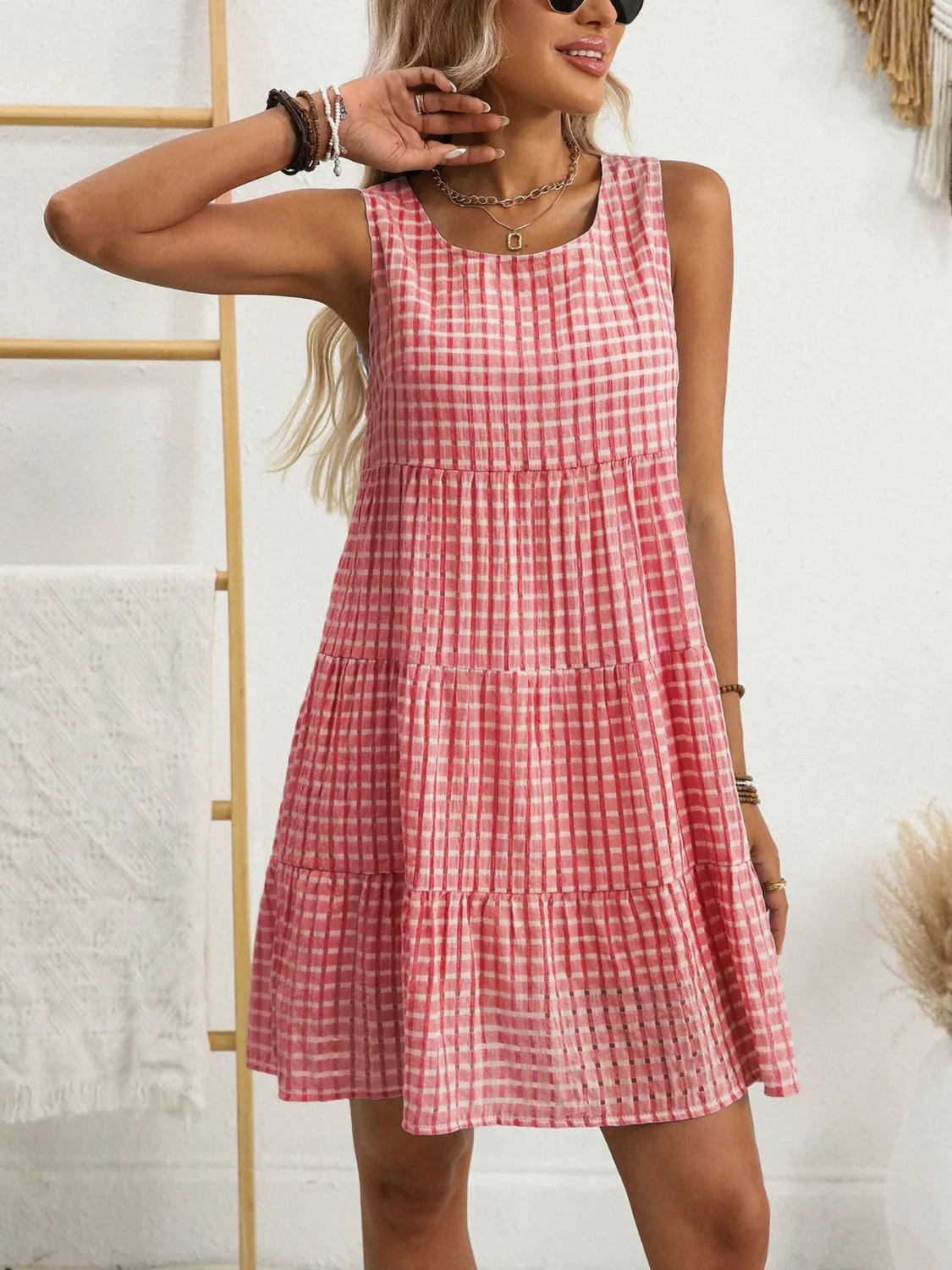 Plaid Round Neck Sleeveless Mini Dress - Tigbul's Variety Fashion Shop