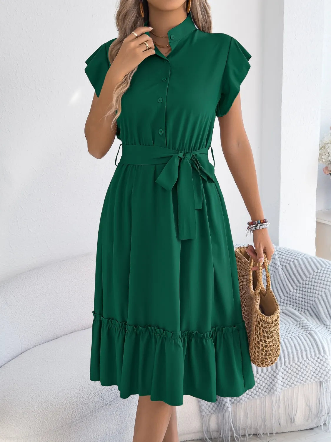 Tie Waist Ruffled Cap Sleeve Dress - Tigbul's Variety Fashion Shop
