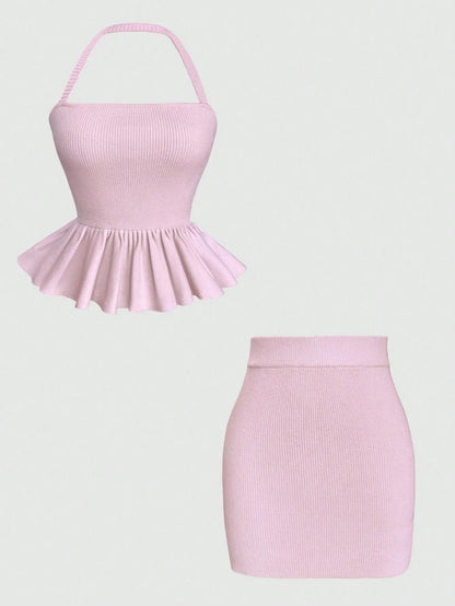 Ribbed Halter Neck Peplum Mini Dress - Tigbul's Variety Fashion Shop
