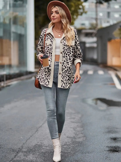 Leopard Print Button-Up Contrast Shacket - Tigbul's Variety Fashion Shop