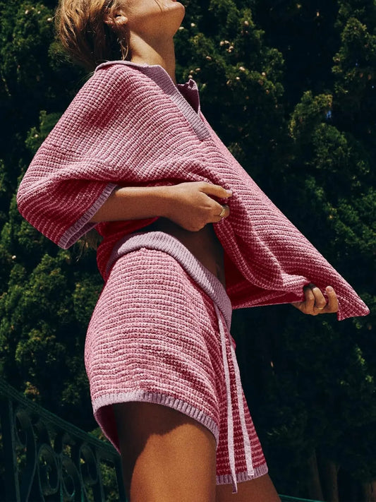 Collared Neck Contrast Striped Top and Shorts Sweater Set - Tigbul's Variety Fashion Shop