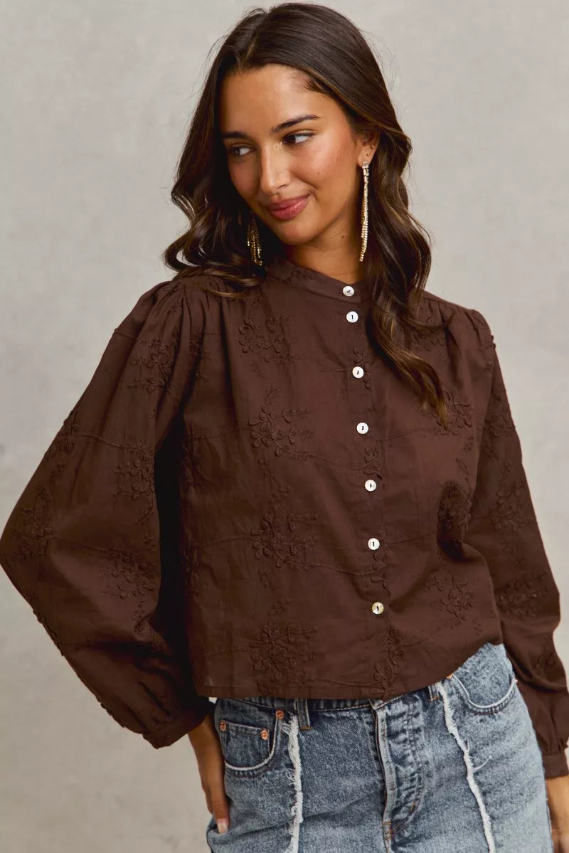 Dark brown 3D floral woven long-sleeve button shirt with puff sleeves