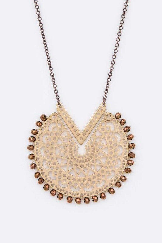 Crystal Beaded Cutout Pendant Long Necklace - Tigbul's Variety Fashion Shop