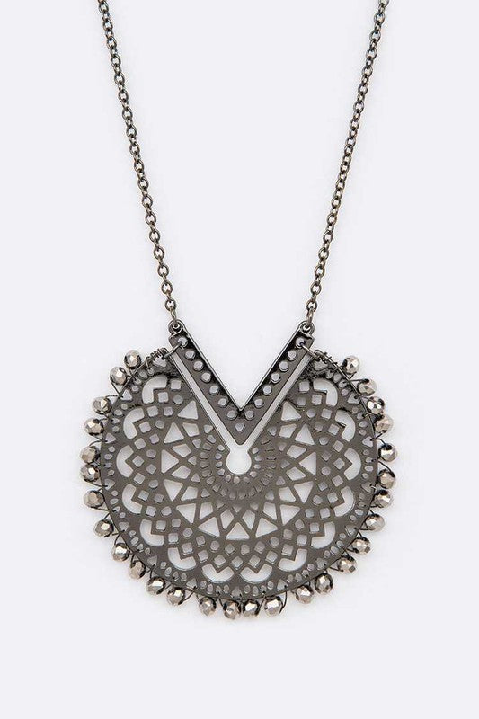 Crystal Beaded Cutout Pendant Long Necklace - Tigbul's Variety Fashion Shop