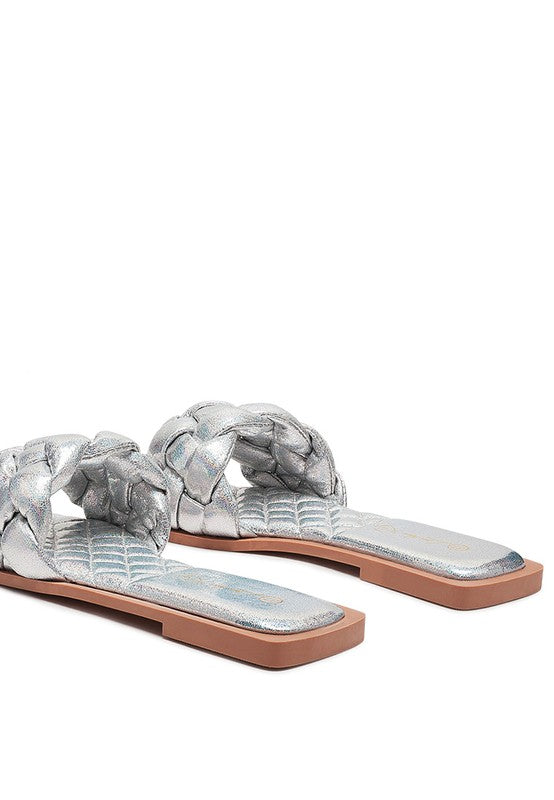 Side profile: silver quilted patent PU slides with woven knotted strap