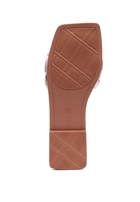 Quilted patent PU slide outsole, textured tread pattern on heel and forefoot