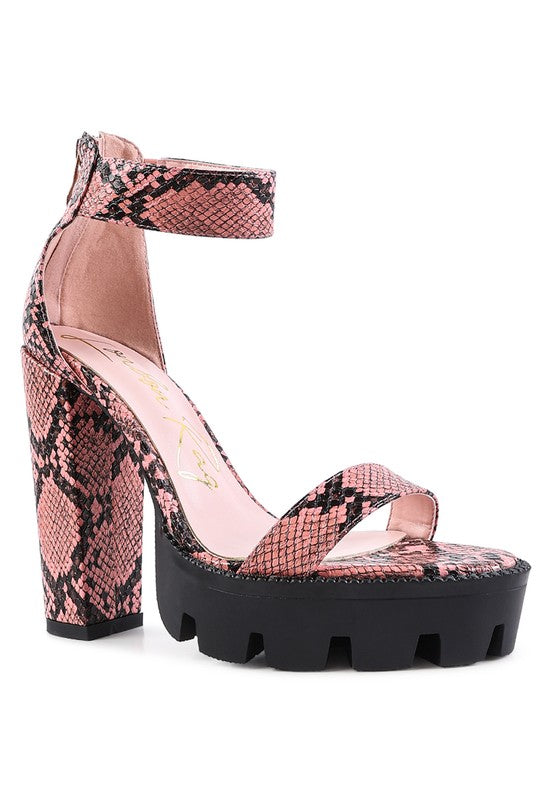 RATTLE SNAKE PRINT HIGH HEELED BLOCK SANDAL - Tigbul's Variety Fashion Shop