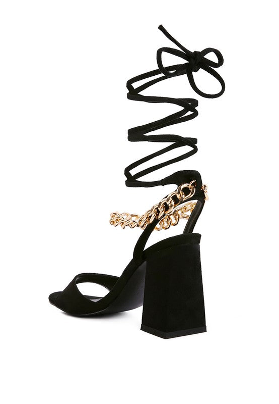 Chain Detail Tie Up Block Heel Sandals - Tigbuls Variety Fashion