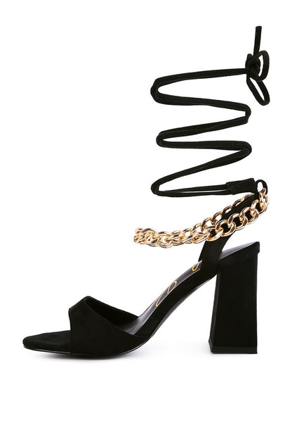 Chain Detail Tie Up Block Heel Sandals - Tigbuls Variety Fashion