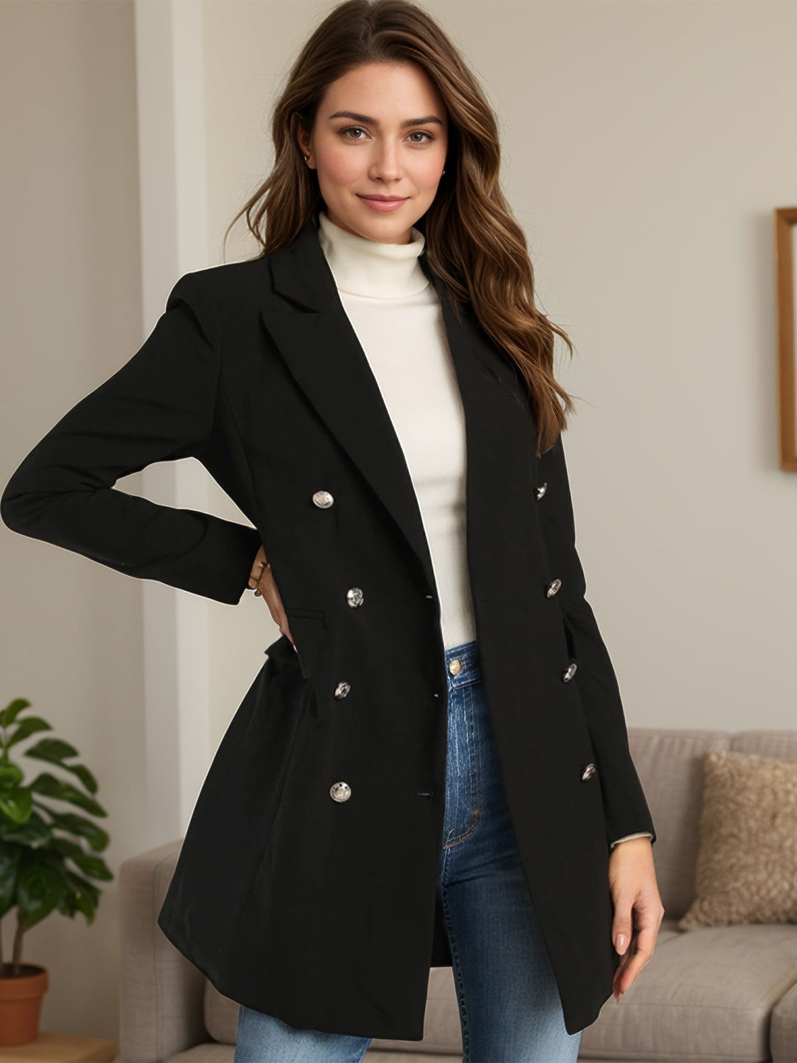 Lapel Collar Long Sleeve Blazer - Tigbul's Variety Fashion Shop