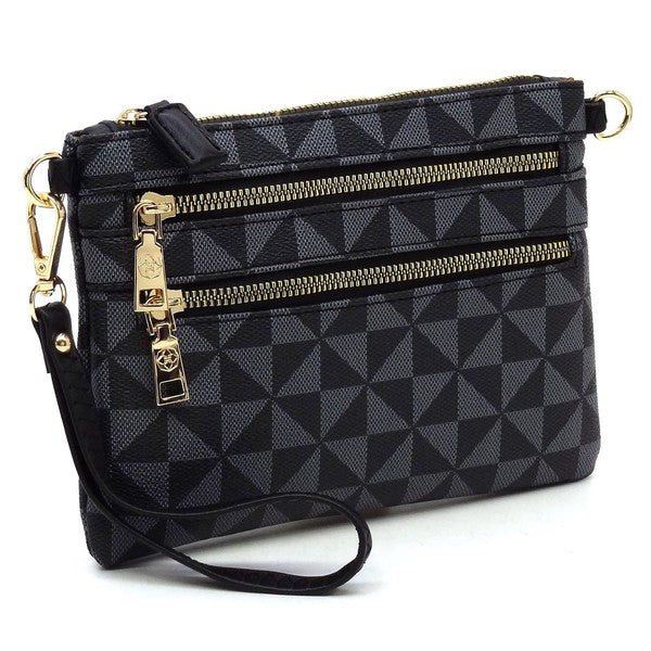 Monogramme Multi-Zip Clutch Crossbody, dunkles Muster mit zwei goldfarbenen Reißverschlüssen
