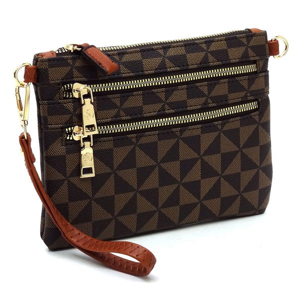 Monogramme Multi-Zip Clutch Crossbody mit langem Schulterriemen, braunes Monogramm-Muster
