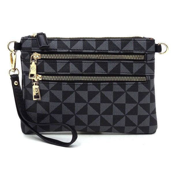 Monogramme Multi-Zip Clutch Crossbody mit Schulterriemen, dunkles geometrisches Muster