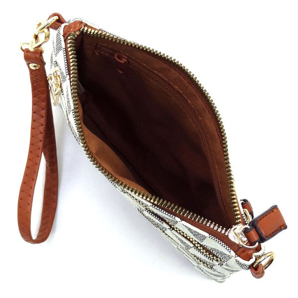 Multi-zip crossbody bag with gold hardware, geometric exterior and brown leather strap