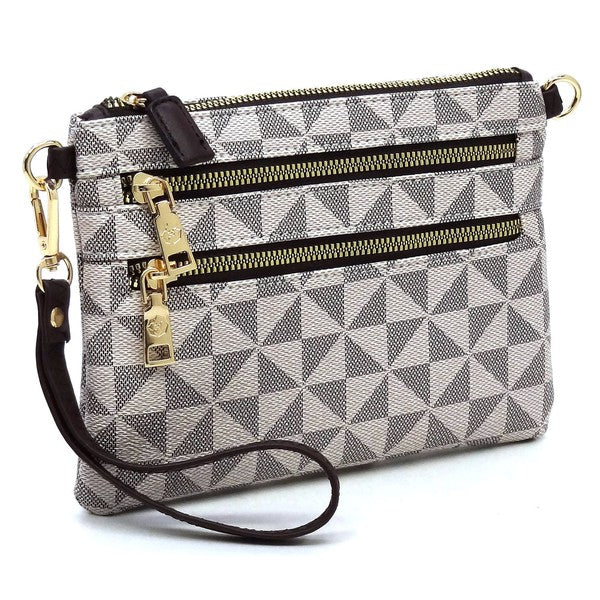Monogramme Multi-Zip Clutch Crossbody mit Schulterriemen, helles Muster und goldfarbene Zipper