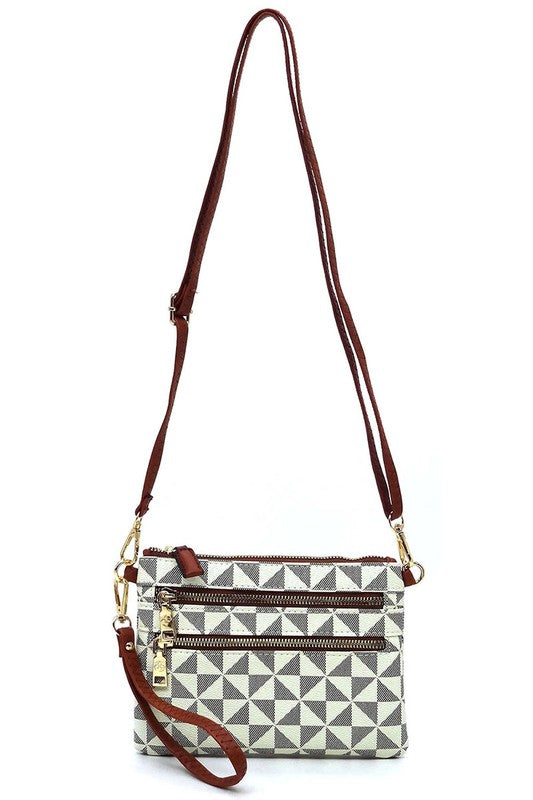 Monogramme Multi-Zip Clutch Crossbody mit langem Riemen, helles Muster mit dunklen Zippern
