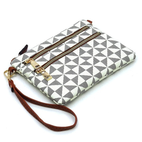Monogram Multi Zip clutch crossbody bag, black-and-white geometric print with strap