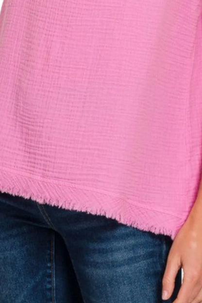 Pink Double Gauze Raw Edge V-Neck Tank - Tigbul's Variety Fashion Shop