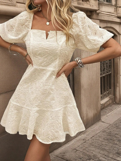 Eyelet Puff Sleeve Mini Dress - Tigbul's Variety Fashion Shop