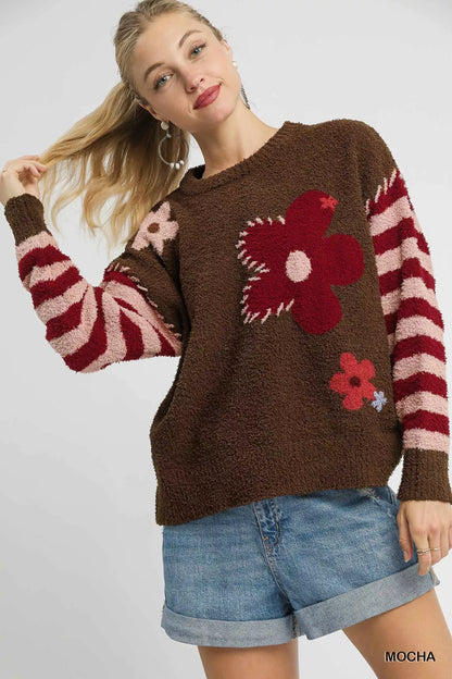 Umgee Flower Jacquard Striped Long Sleeve Sweater - Tigbul's Variety Fashion Shop