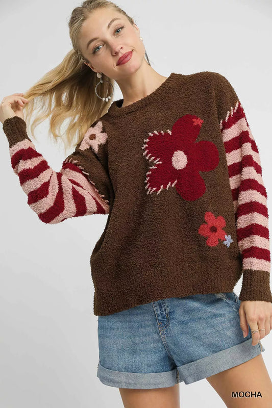 Umgee Flower Jacquard Striped Long Sleeve Sweater - Tigbul's Variety Fashion Shop