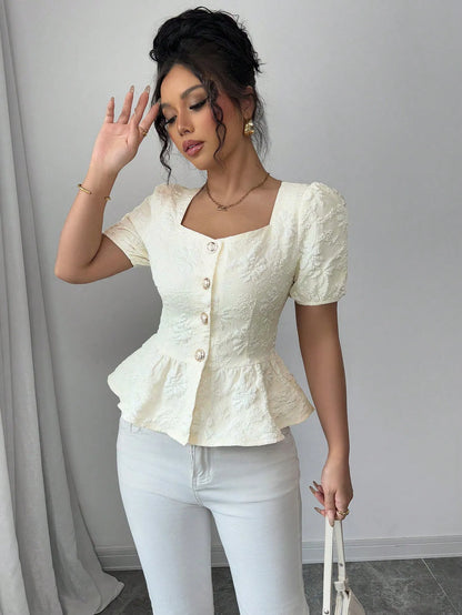 Peplum Button-Front Blouse - Tigbul's Variety Fashion Shop