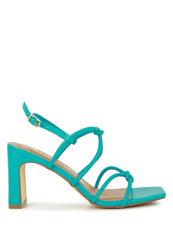 Teal open-toe sandal with knotted straps and mid-height block heel