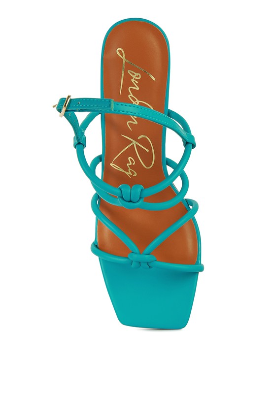 Rag Company teal block heel sandal with knotted crisscross straps