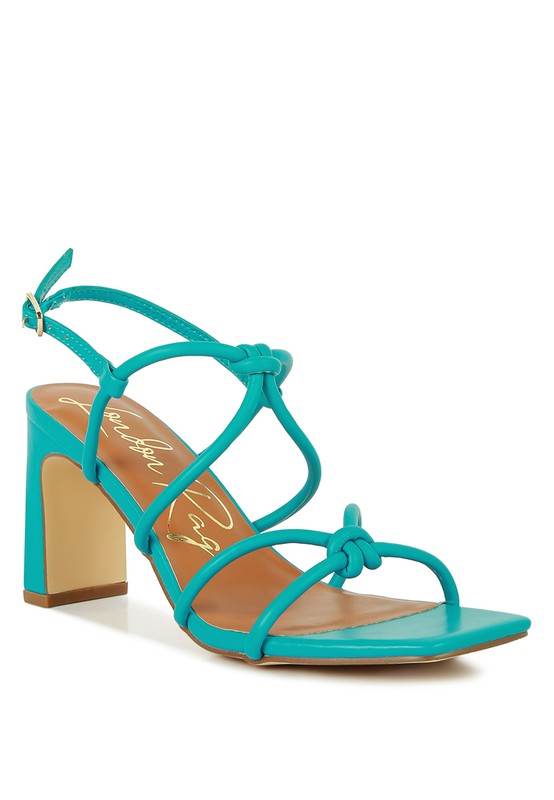 Teal knotted strap block-heel sandals with open toe and ankle strap buckle