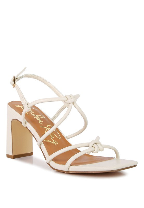 Knotted strap block-heel sandals, cream straps and open toe