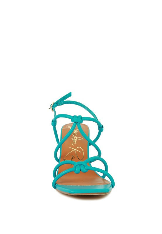 Teal knotted strappy sandal with open toe and crisscross upper