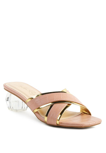 STELLAR GOLD LINE CROC TEXTURED LOW HEEL SANDALS - Tigbuls Variety Fashion