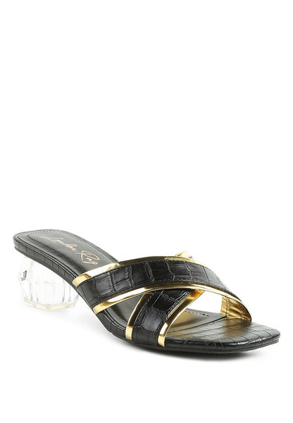 STELLAR GOLD LINE CROC TEXTURED LOW HEEL SANDALS - Tigbuls Variety Fashion